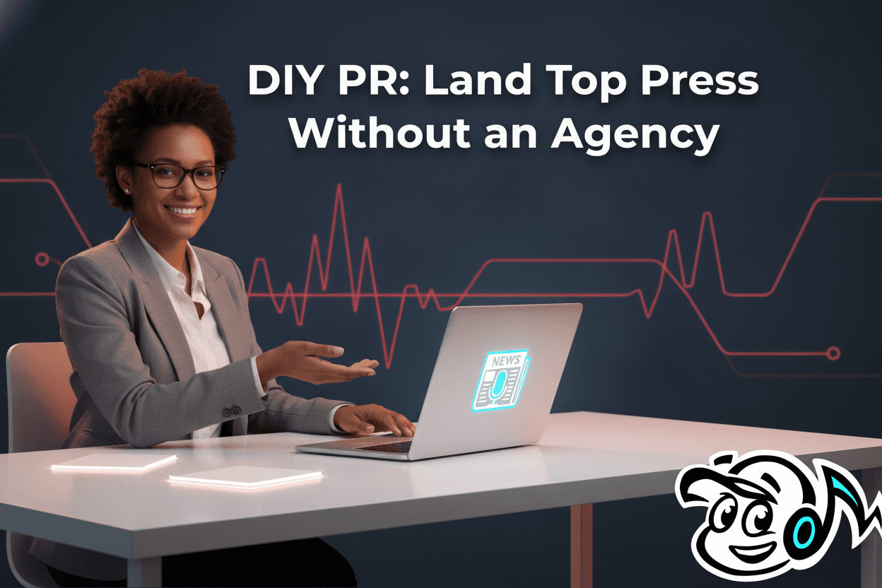 A founder successfully conducting DIY media outreach on a laptop, with press icons representing top publications.