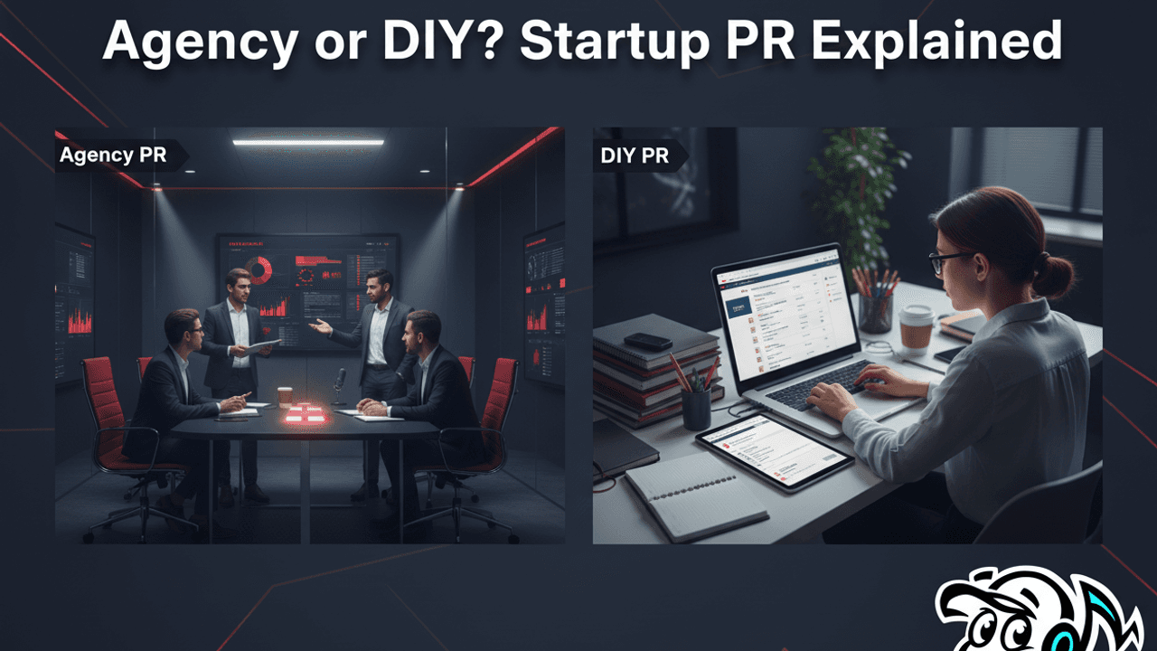 Startup founder deciding between hiring a PR agency and doing DIY media outreach, with visual elements representing both options.