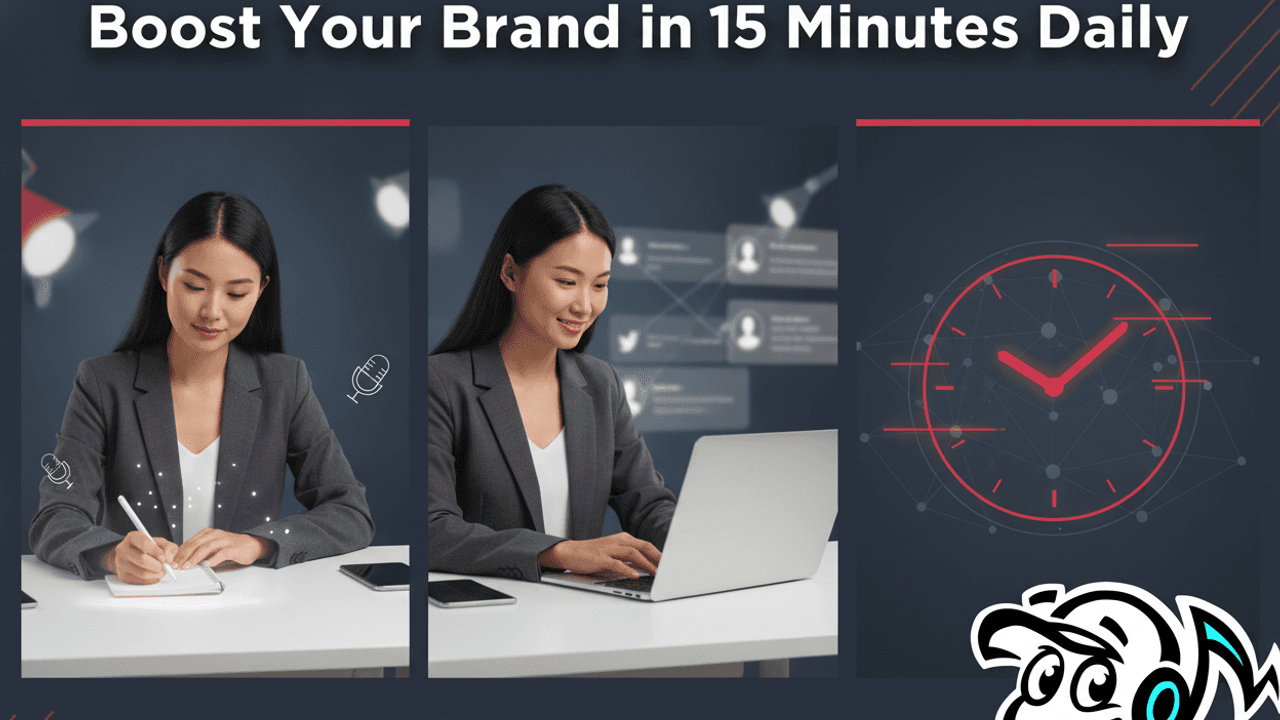A busy small business owner efficiently managing their content strategy with a laptop, notebook, and a clock, symbolizing a 15-minute daily plan.