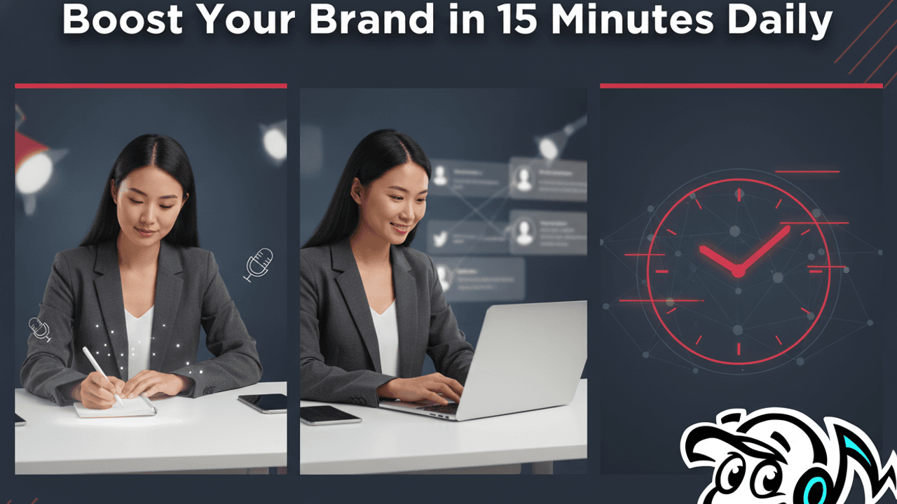 A busy small business owner efficiently managing their content strategy with a laptop, notebook, and a clock, symbolizing a 15-minute daily plan.