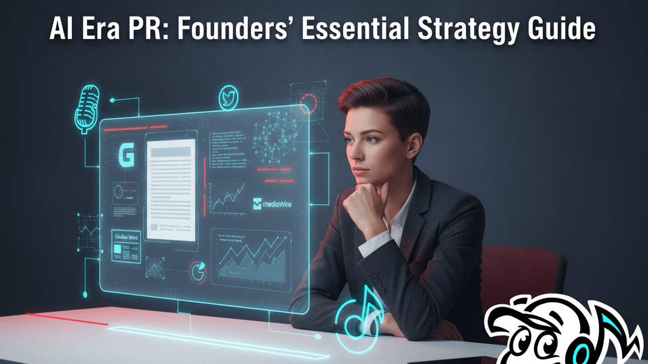 A founder at a desk interacting with a holographic display showing a blend of traditional PR elements and AI-generated data, symbolizing the evolution of PR in the AI era.