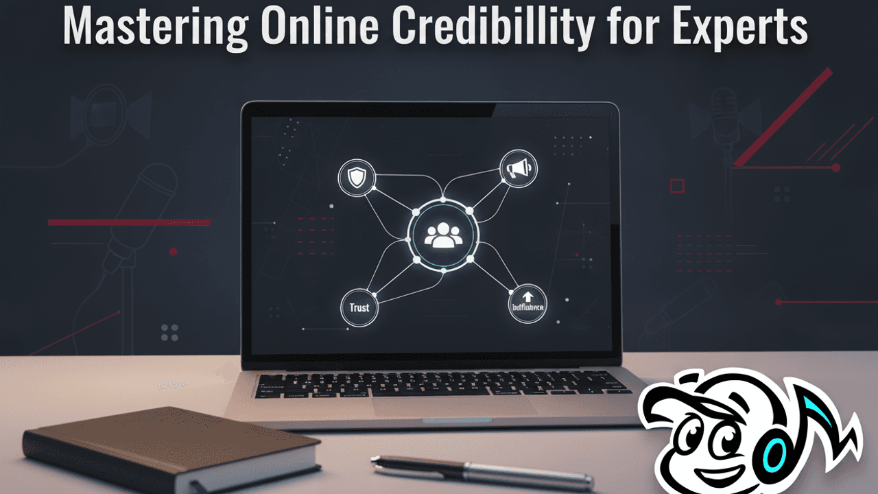 An expert's digital workspace, with a laptop showing a strategic playbook for building online credibility and thought leadership.