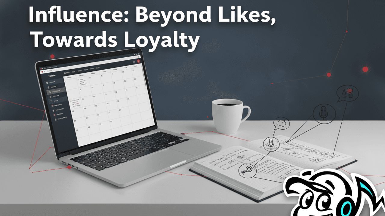 A creator's desk with a laptop showing content strategy, a notebook for ideas, and visual elements representing audience growth and connection.