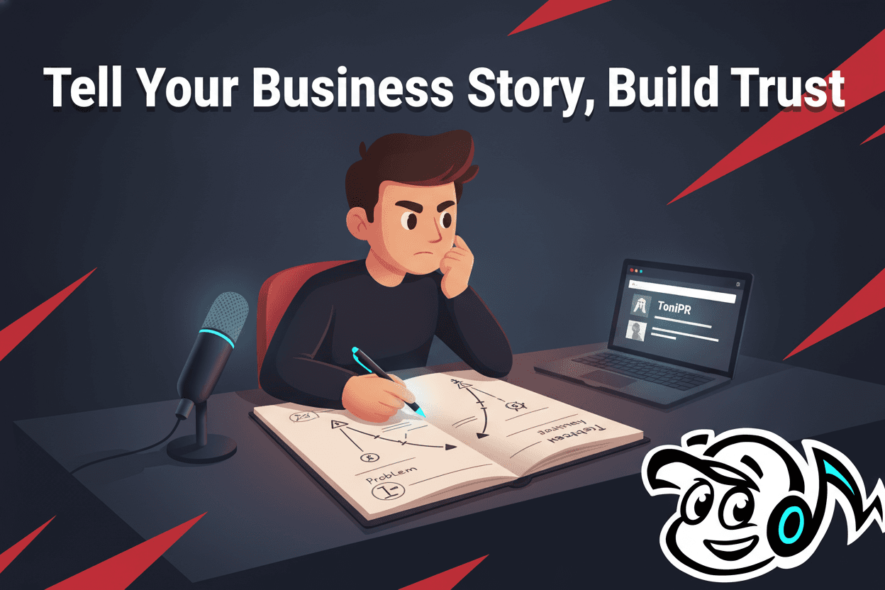 A founder crafting a business narrative, outlining a storytelling framework on a notepad with a laptop and PR branding elements.