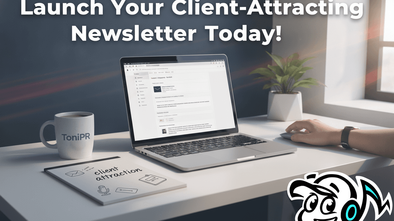 Laptop showing a client attraction newsletter interface on a clean desk, symbolizing strategic email marketing for business growth.
