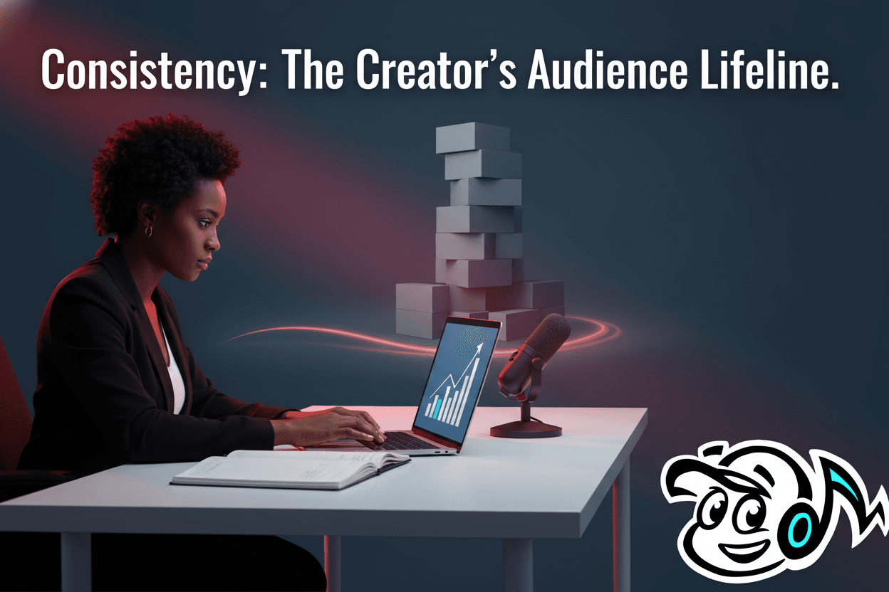 Creator consistently building an audience at a desk with a growth graph, symbolizing steady content and engagement.