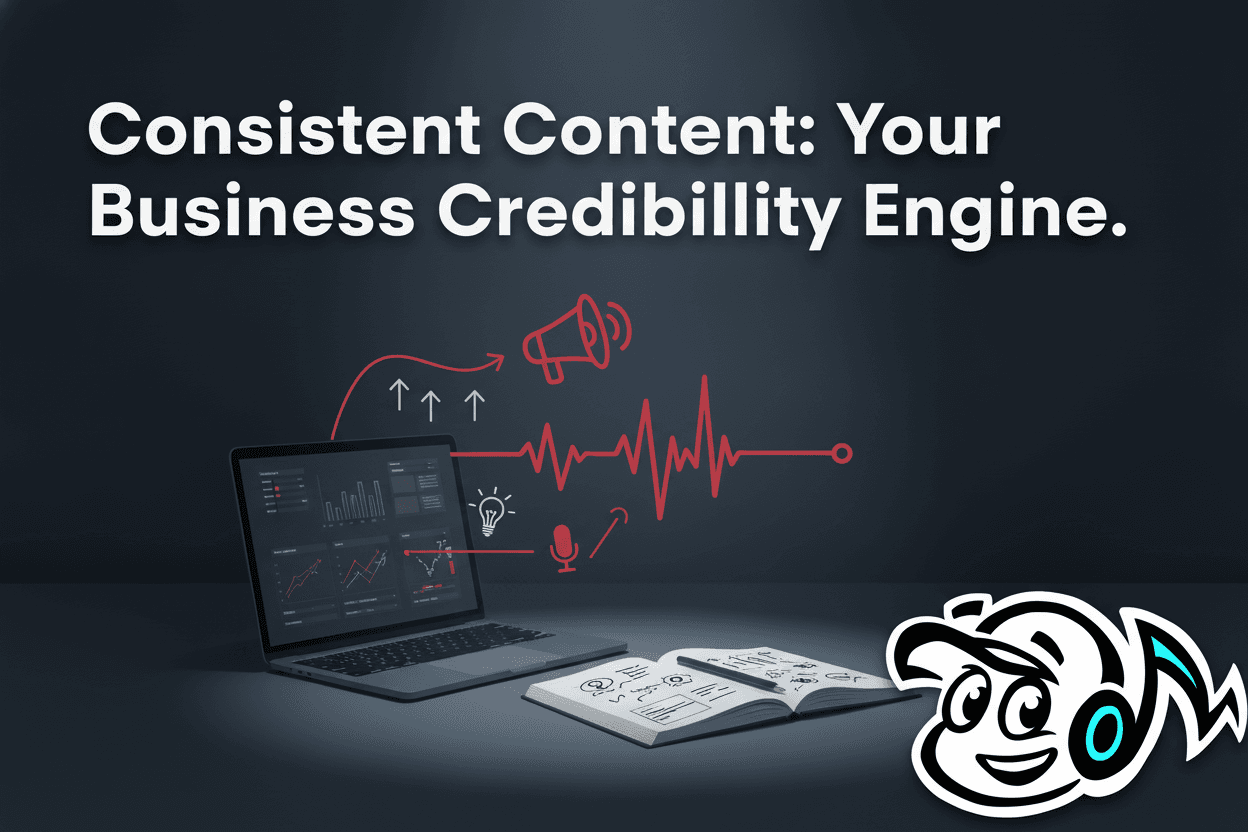 A business owner, possibly a founder or consultant, smiling confidently at a desk with a laptop, symbolizing efficient and consistent content creation for business growth.