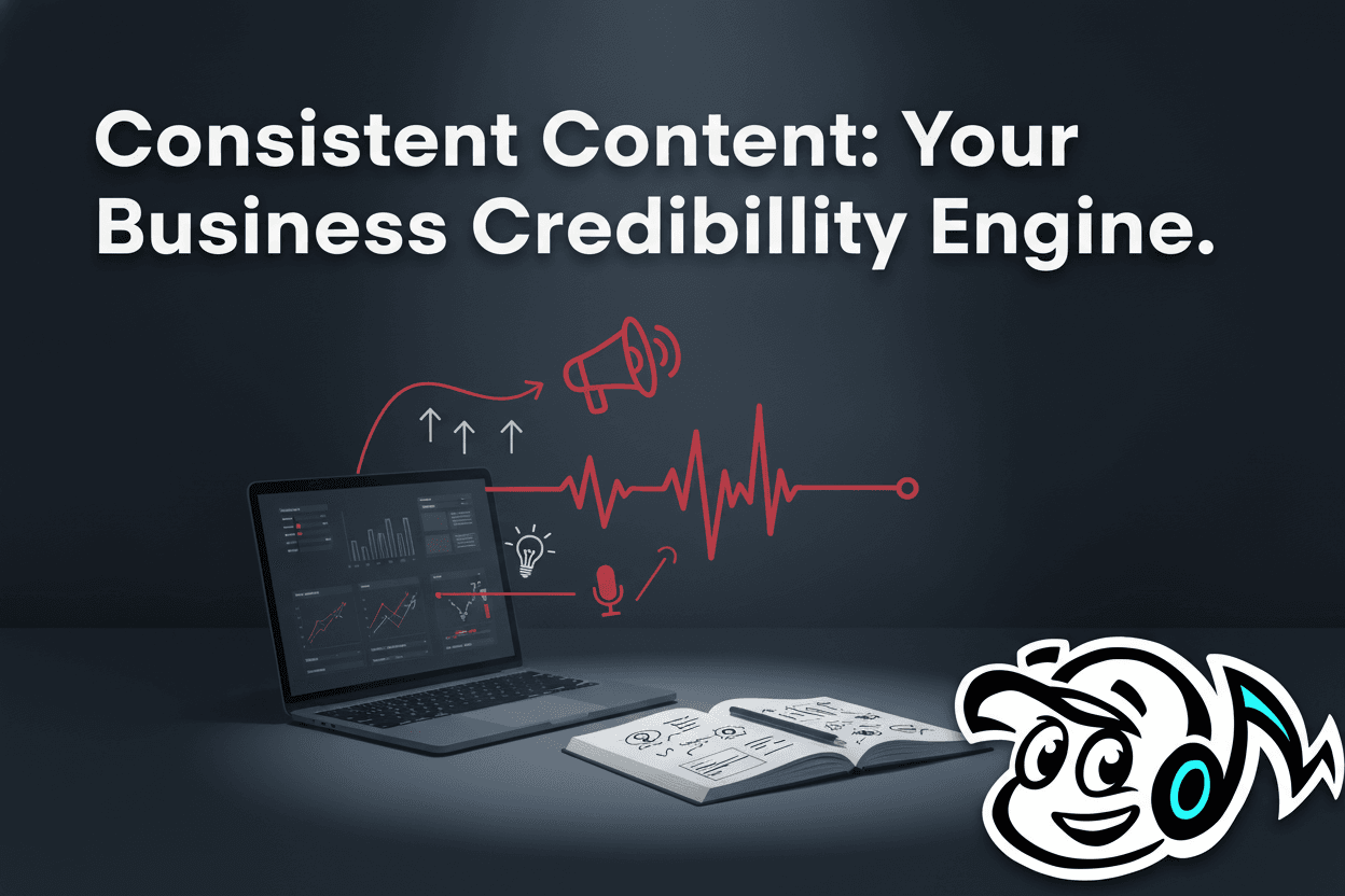 A business owner, possibly a founder or consultant, smiling confidently at a desk with a laptop, symbolizing efficient and consistent content creation for business growth.