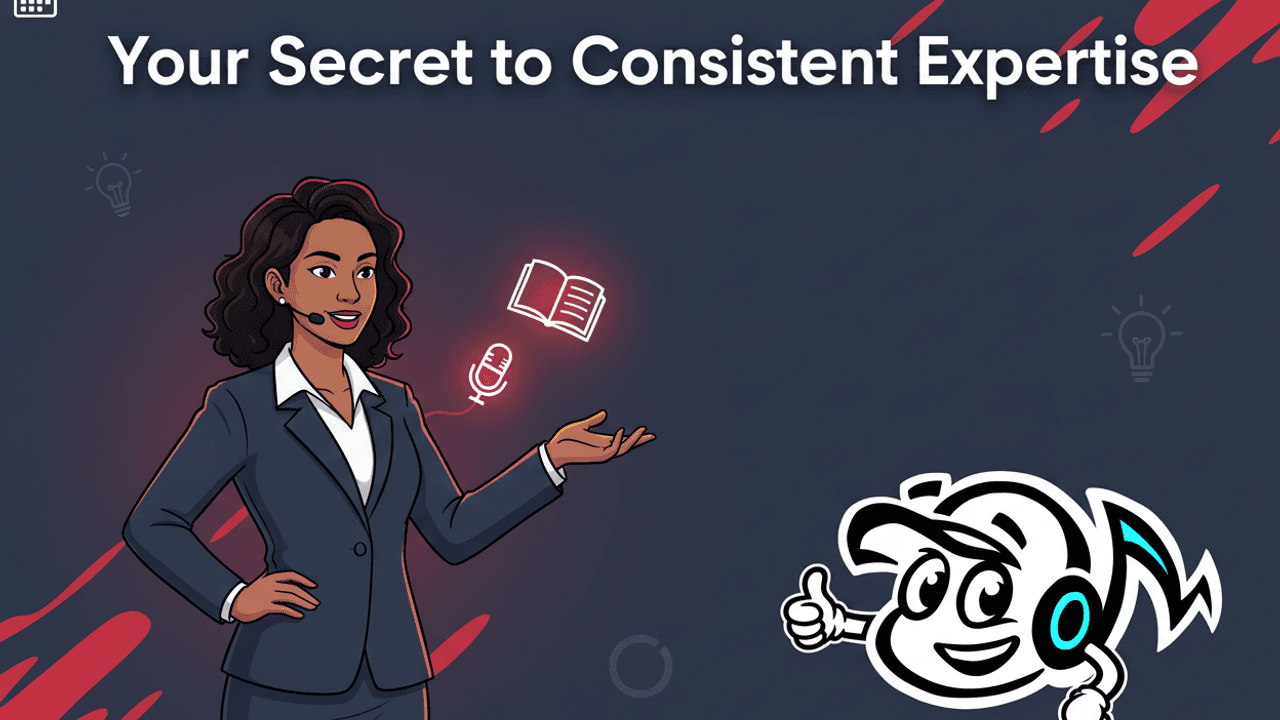 Busy executive confidently sharing insights, symbolizing consistent thought leadership and efficient content strategy.