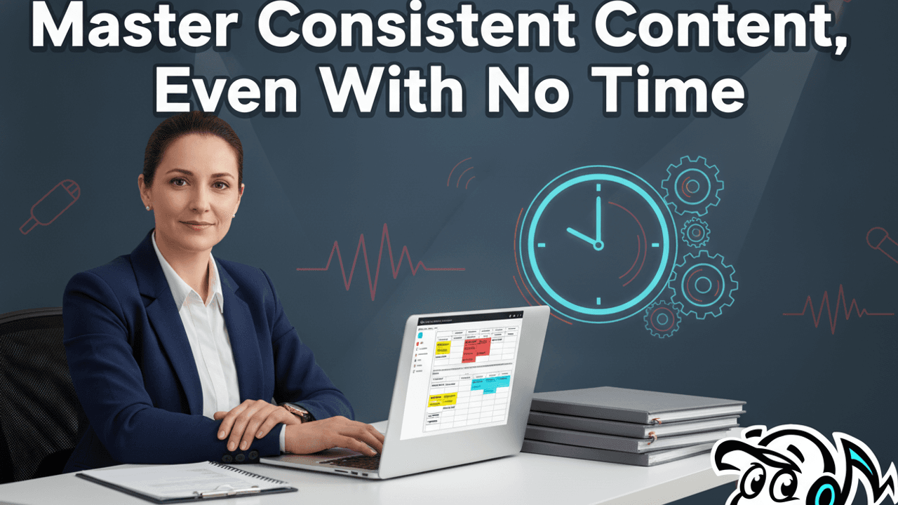 A calm consultant efficiently managing a content calendar on a laptop, symbolizing time-efficient content creation and strategy.