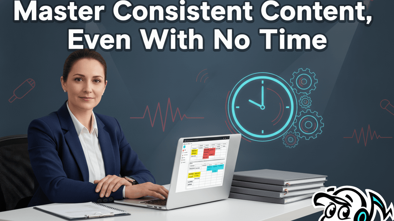 A calm consultant efficiently managing a content calendar on a laptop, symbolizing time-efficient content creation and strategy.