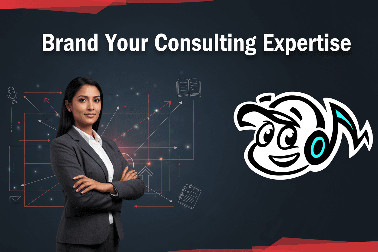 A consultant strategically building their personal brand, surrounded by digital connections and thought leadership concepts.