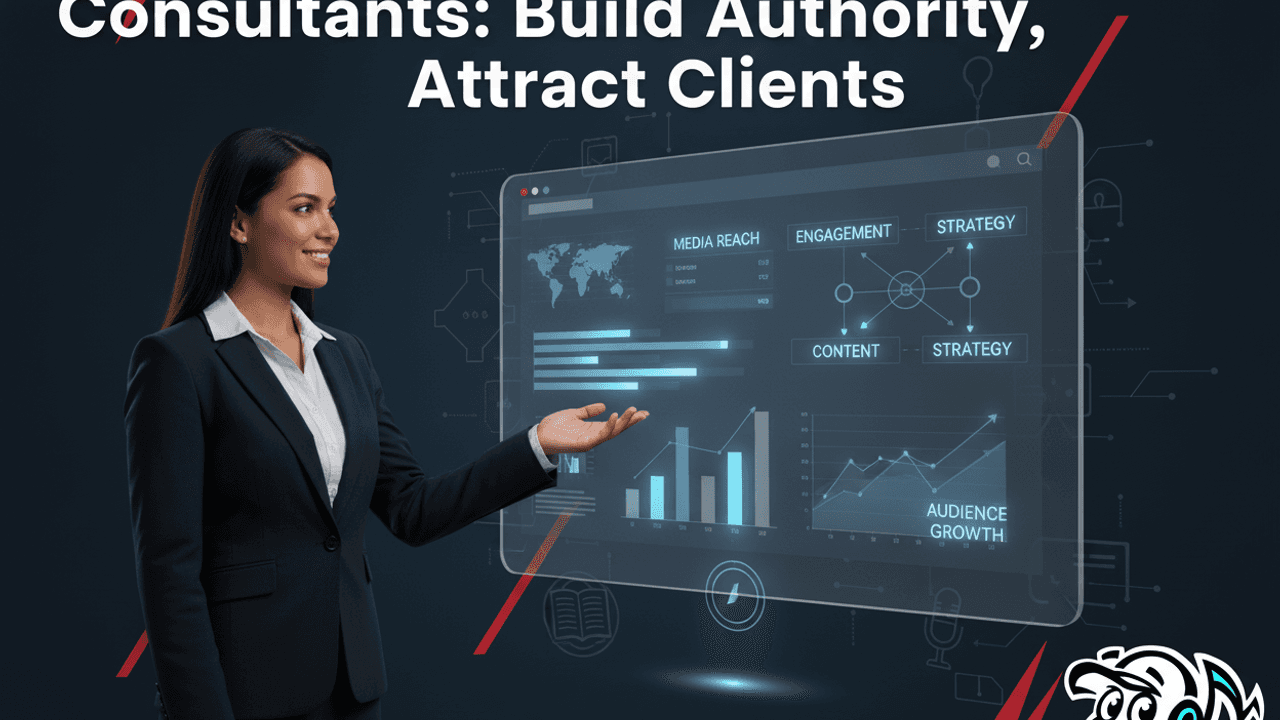 Consultant building authority through thought leadership and consistent content strategy, with growth charts visible.