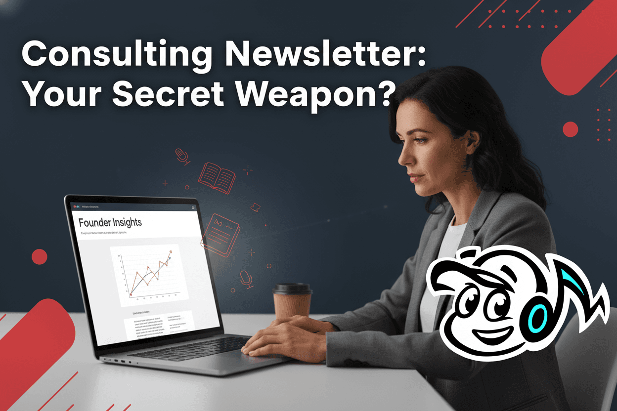 A consultant working on a laptop, designing an email newsletter for their business, symbolizing strategic communication and authority building.