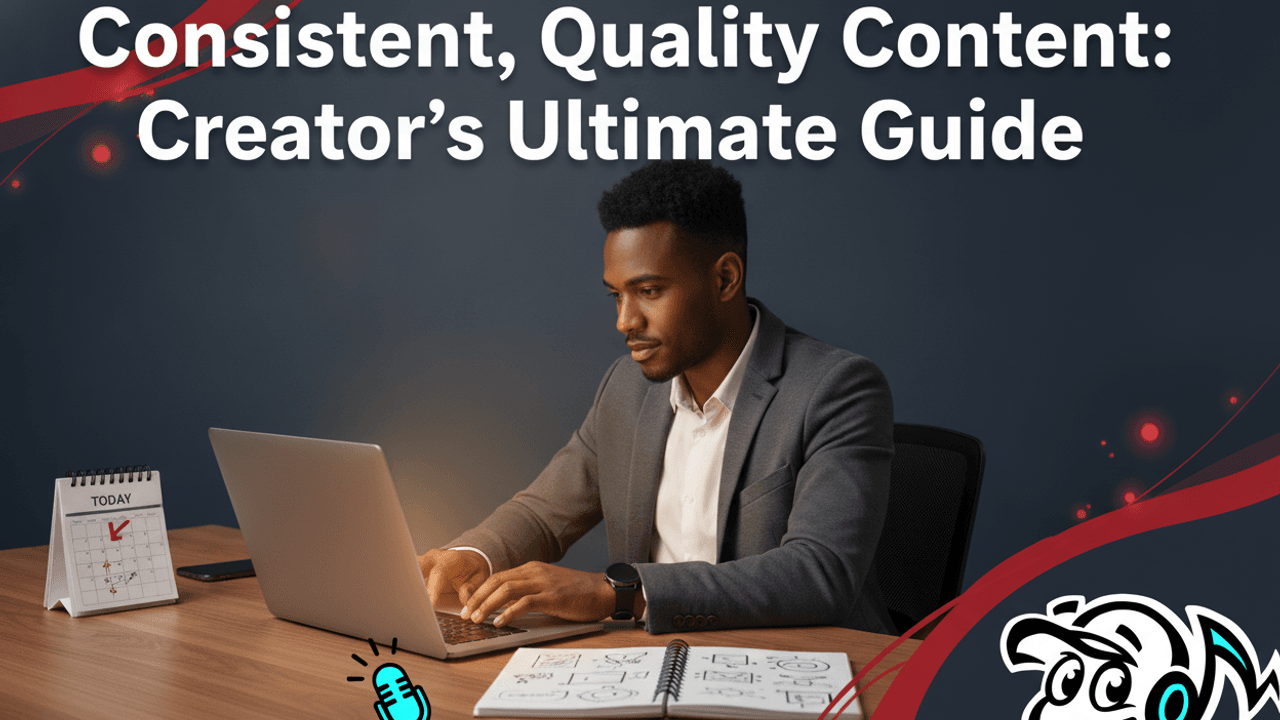 A solo creator, a founder or consultant, focused on their laptop, surrounded by tools for content planning, symbolizing a sustainable content consistency strategy.