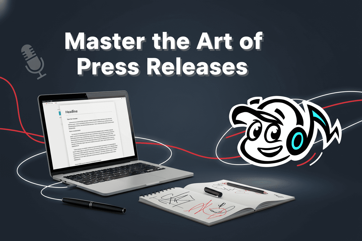 A founder or consultant's desk with a laptop showing a press release, a notebook, and a pen, symbolizing the process of crafting a compelling press release.