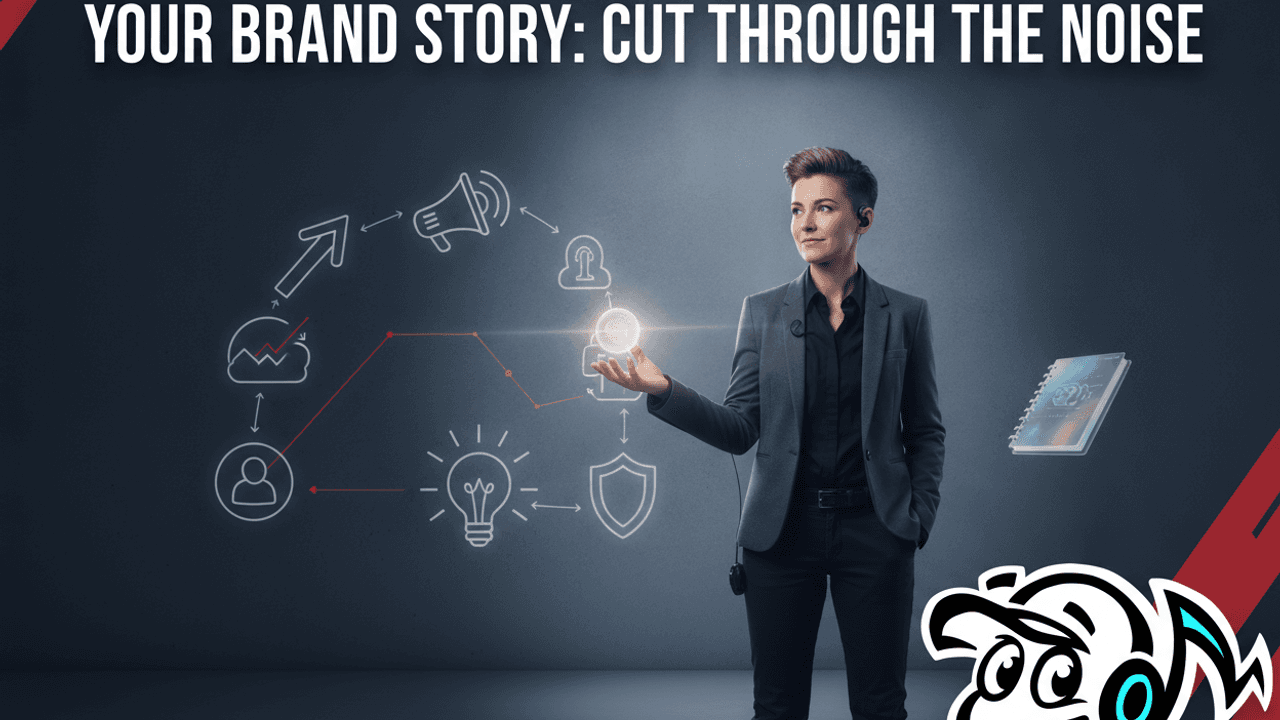 A founder presenting a compelling brand story, depicted as a glowing narrative arc, symbolizing clarity and purpose in a modern office.