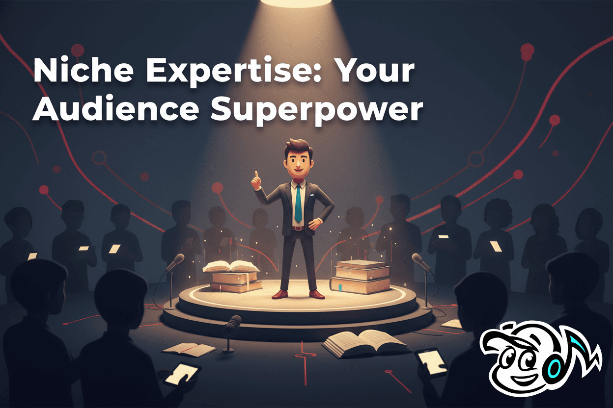 Creator on stage, spotlighted, representing niche expertise, engaging a diverse audience, built on knowledge blocks.