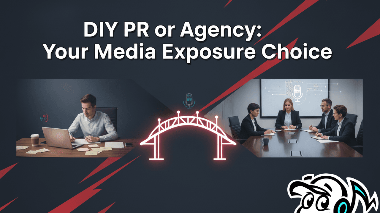 Comparison of a founder doing DIY PR at a home office versus a professional PR agency team in a meeting, illustrating the choice for media exposure.