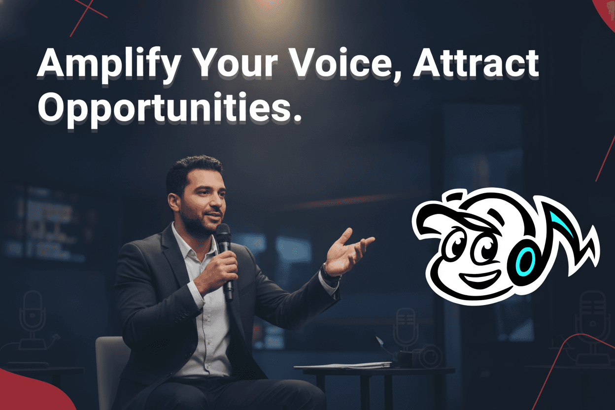 An entrepreneur confidently engaging with media, symbolizing thought leadership and public speaking, with microphones and cameras in a professional setting.