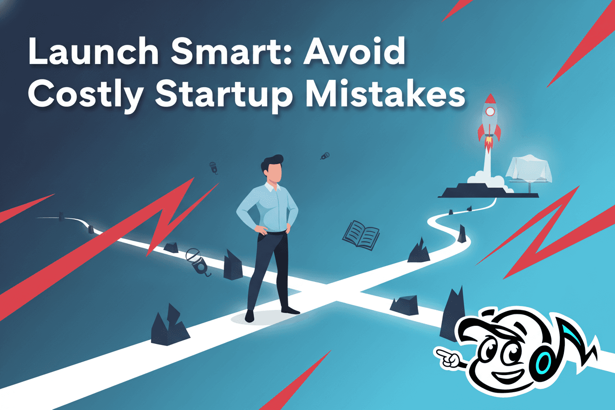 A founder strategically navigating a path filled with abstract obstacles, symbolizing the common pitfalls of a first product launch, with a successful launch in the background.
