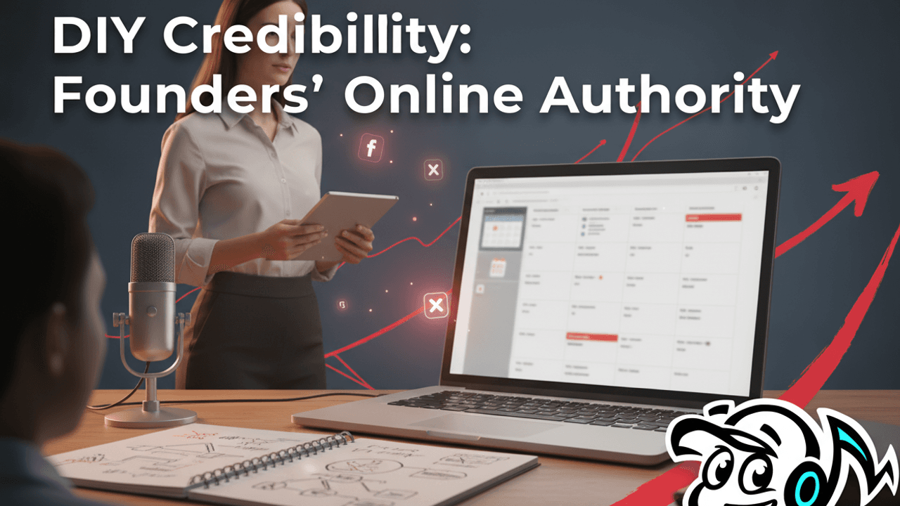 A founder building online credibility with DIY PR strategies, surrounded by digital tools and content creation elements.