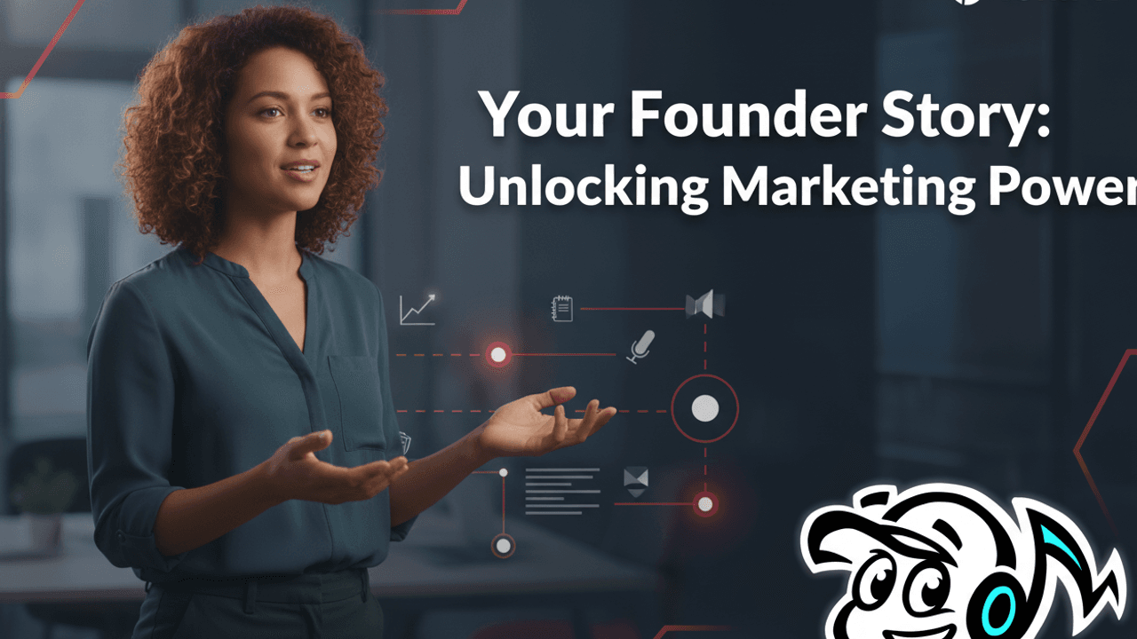 A founder passionately telling their story in a modern, well-lit office, with abstract visual elements representing a journey and connection in the background, symbolizing the power of authentic storytelling in marketing.