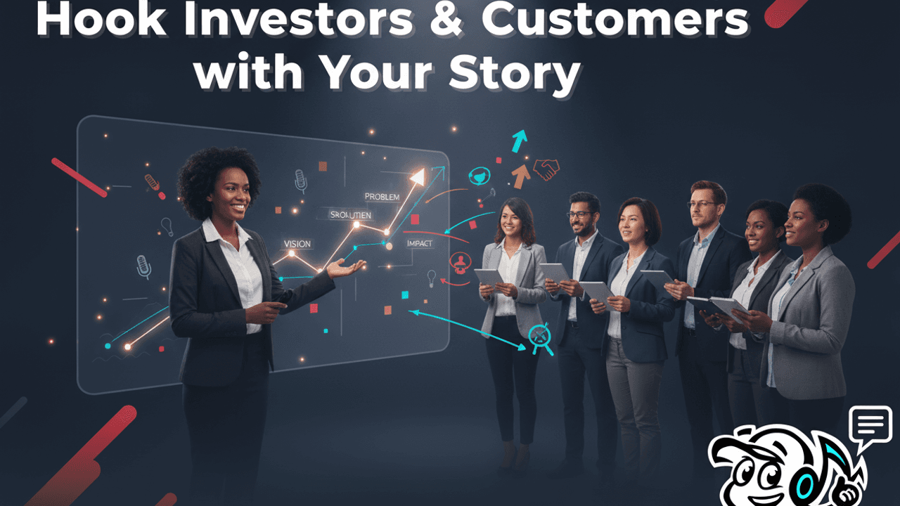 A founder captivating an audience of investors and customers with a compelling story projected behind them.