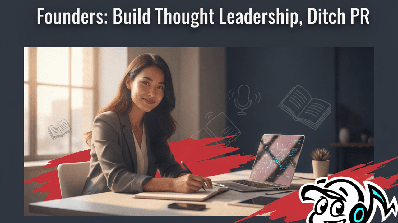 A founder confidently building thought leadership using DIY PR strategies, working independently in a modern office.