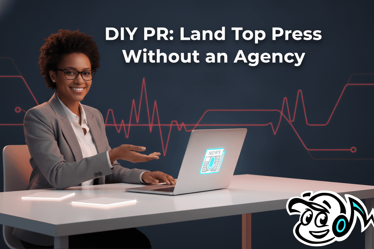 A founder successfully conducting DIY media outreach on a laptop, with press icons representing top publications.