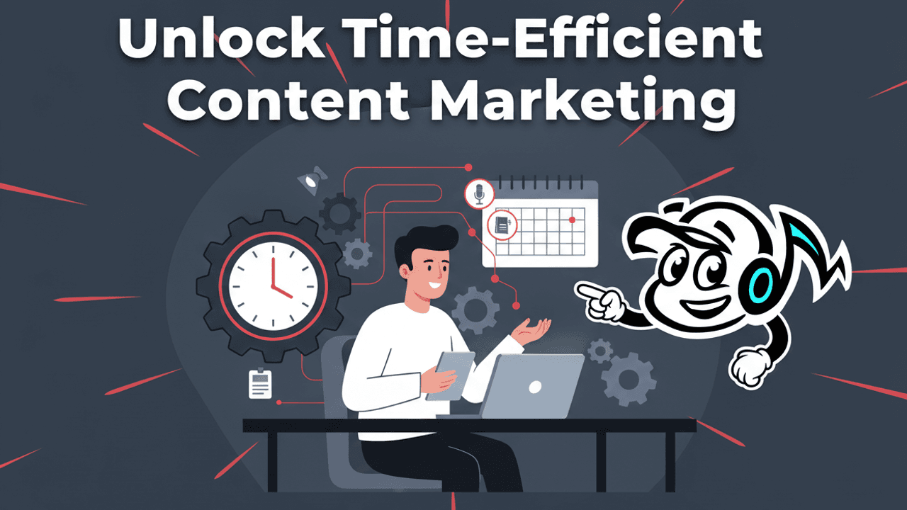 Illustration of a busy founder efficiently integrating content marketing into their week, showing various content tools and a streamlined workflow.
