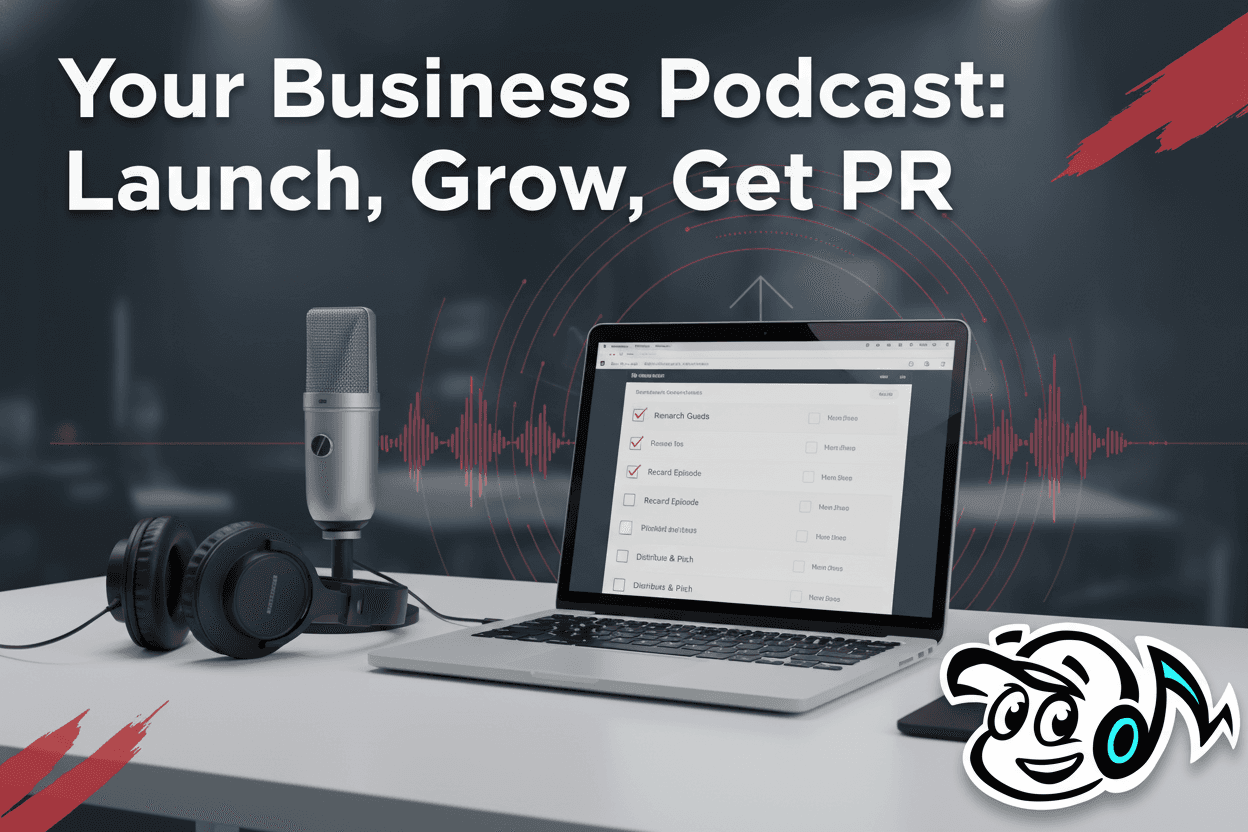 A professional setup for a business podcast, featuring a microphone, headphones, and a laptop with a checklist, symbolizing the launch and growth of a podcast for business authority and PR.