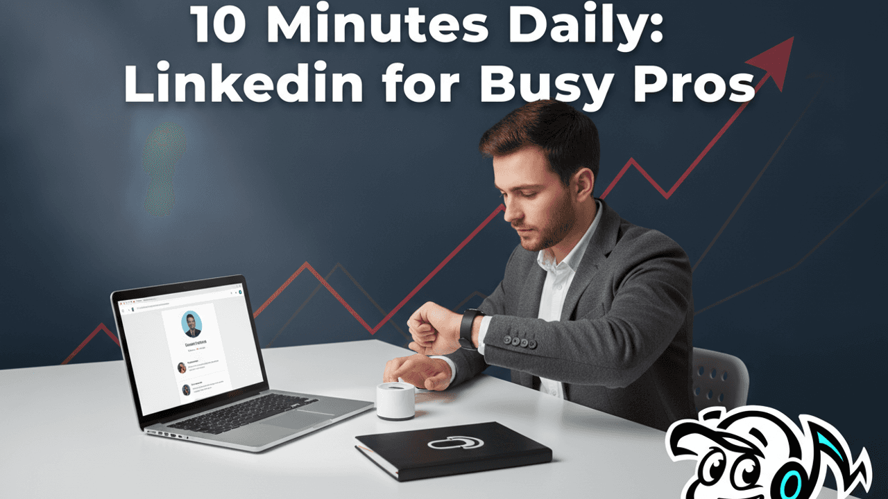 A busy professional efficiently managing their LinkedIn engagement in 10 minutes a day on a laptop, symbolizing effective time management for networking and personal branding.