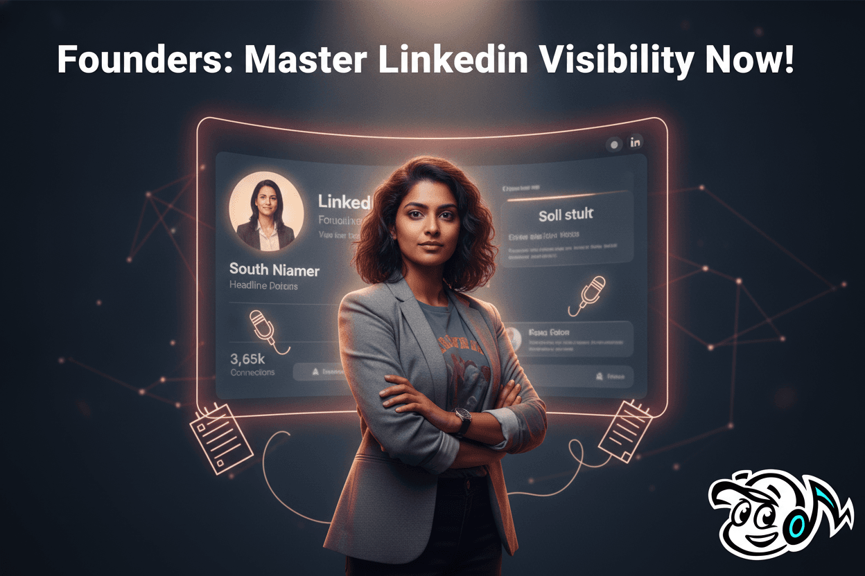 A founder confidently presenting their optimized LinkedIn profile, symbolizing enhanced professional visibility and strategic networking.