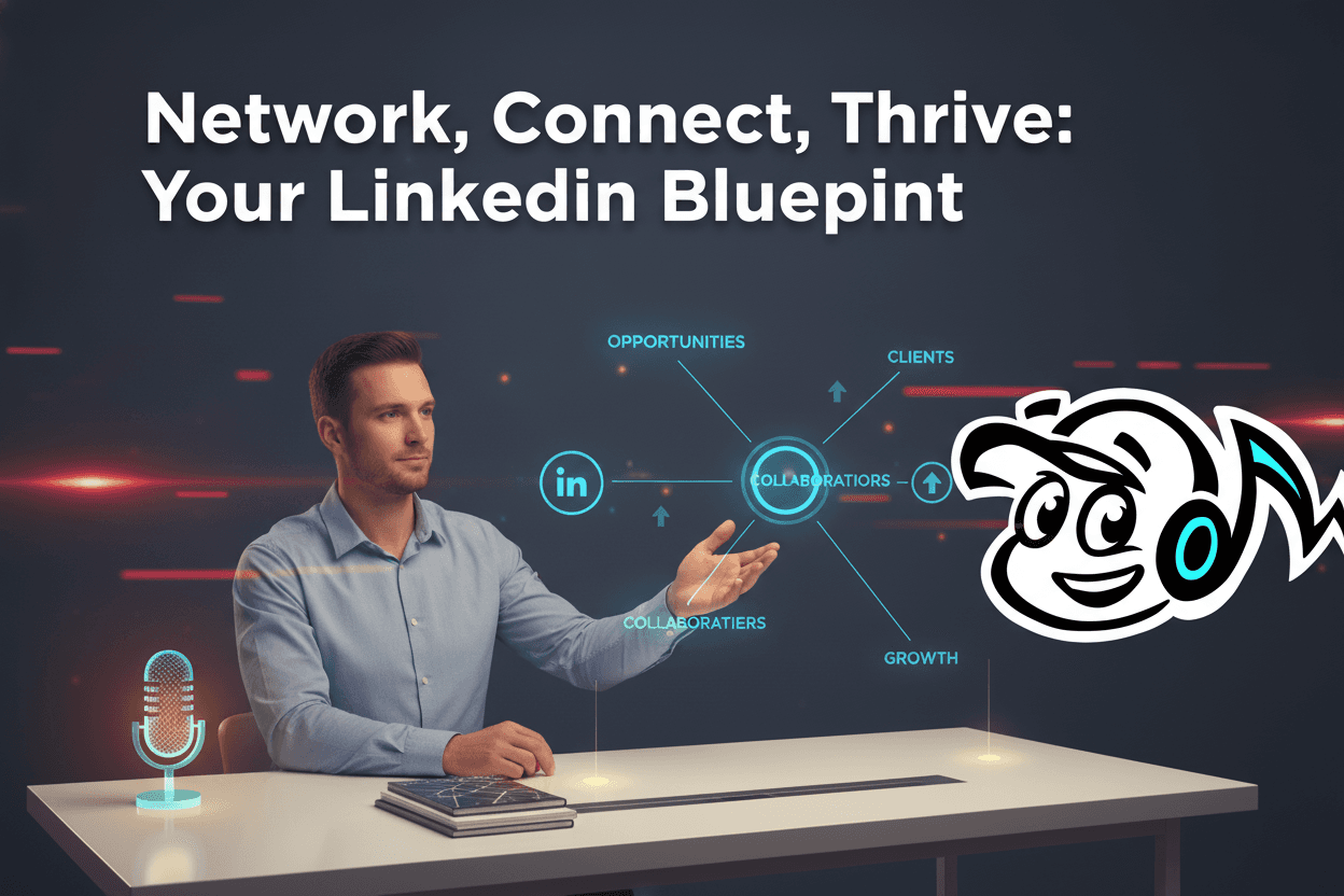 A freelancer confidently engaging with a digital network map, symbolizing LinkedIn networking for professional growth and lead generation.