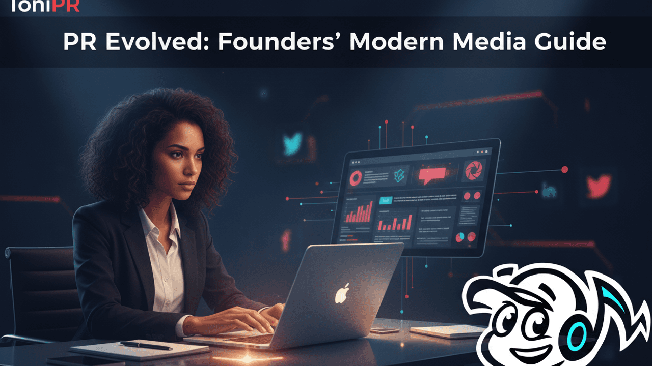 A founder leveraging modern PR strategies with digital tools and media connections, symbolizing the evolution of public relations.