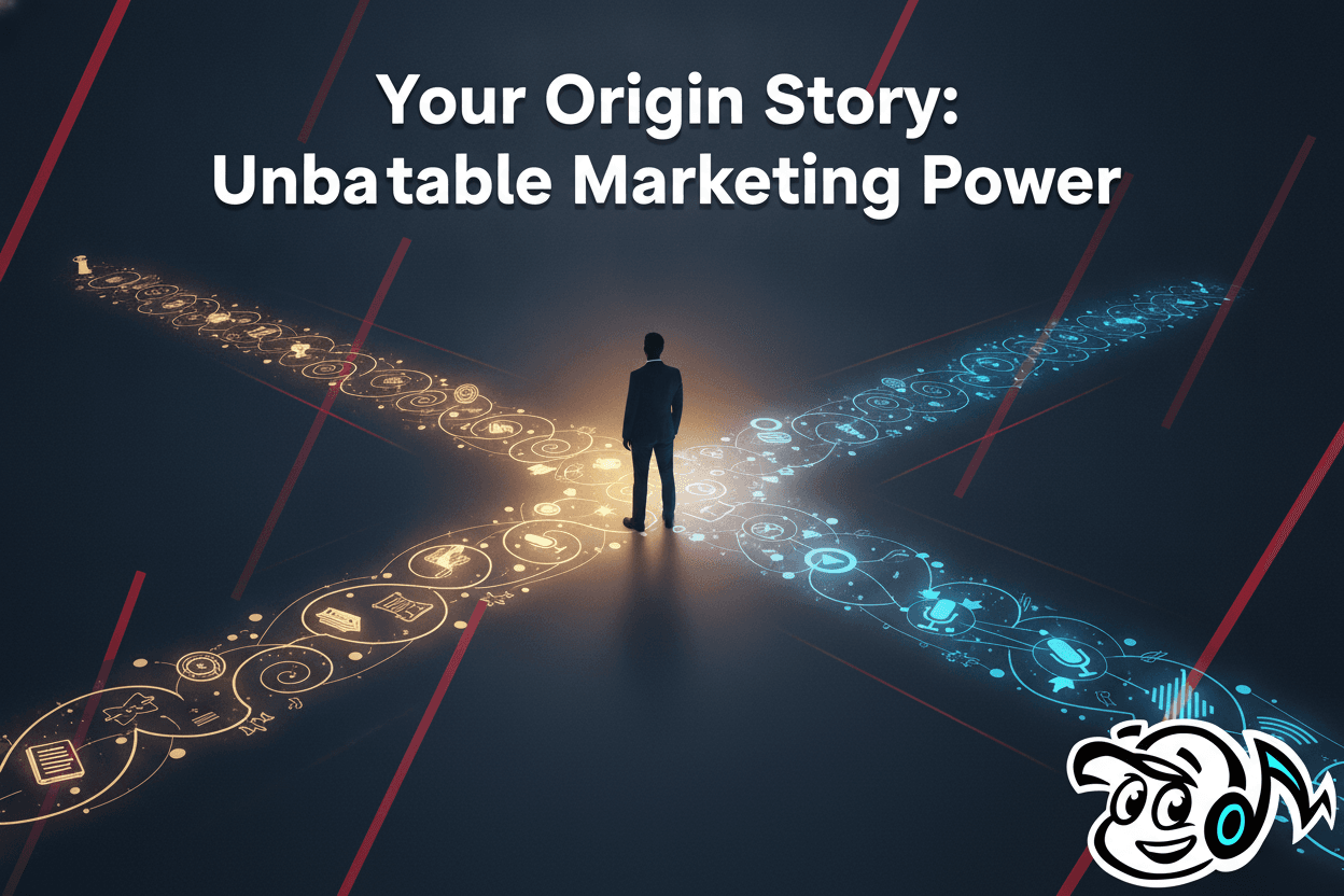 A founder's journey depicted as a winding path, highlighting the power of an origin story in marketing and building authentic connections.