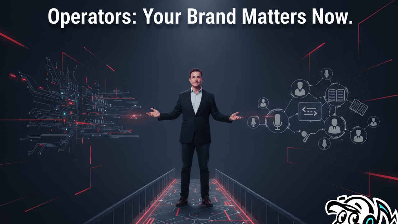 A professional operator, symbolizing technical expertise and leadership, standing confidently amidst a backdrop of interconnected digital nodes and human profiles, illustrating the importance of personal branding in a B2B tech environment.