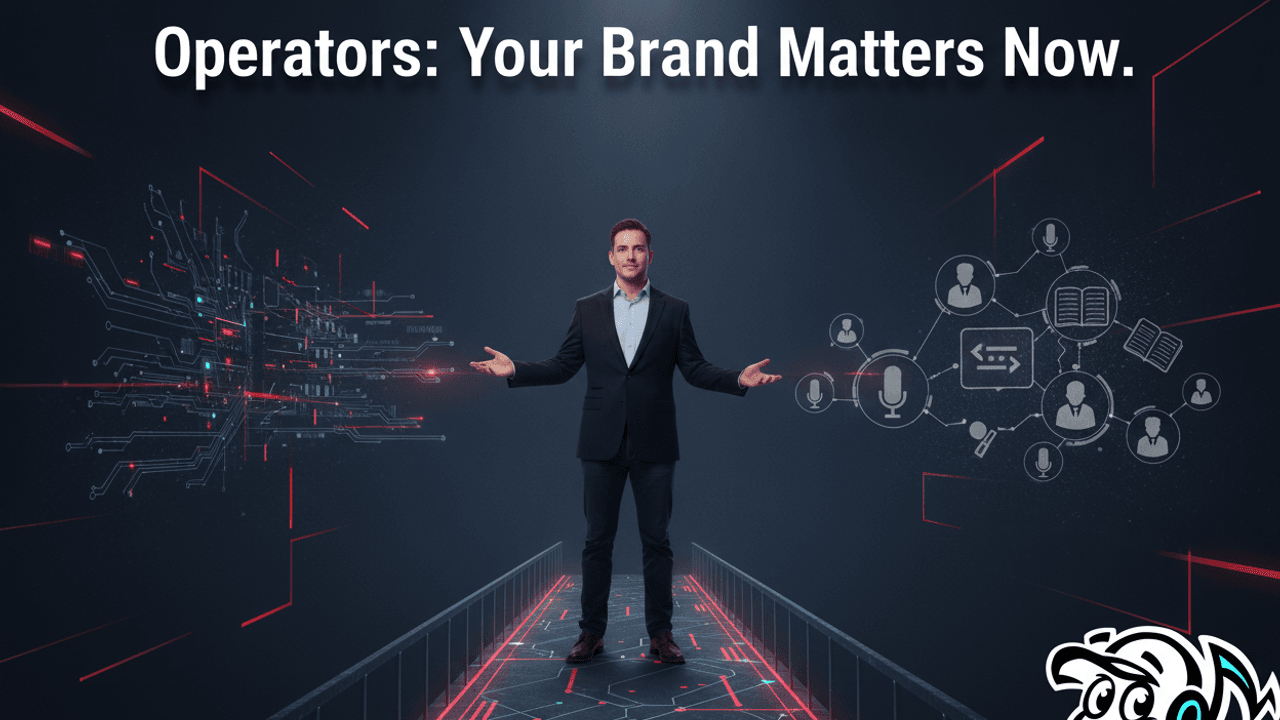 A professional operator, symbolizing technical expertise and leadership, standing confidently amidst a backdrop of interconnected digital nodes and human profiles, illustrating the importance of personal branding in a B2B tech environment.
