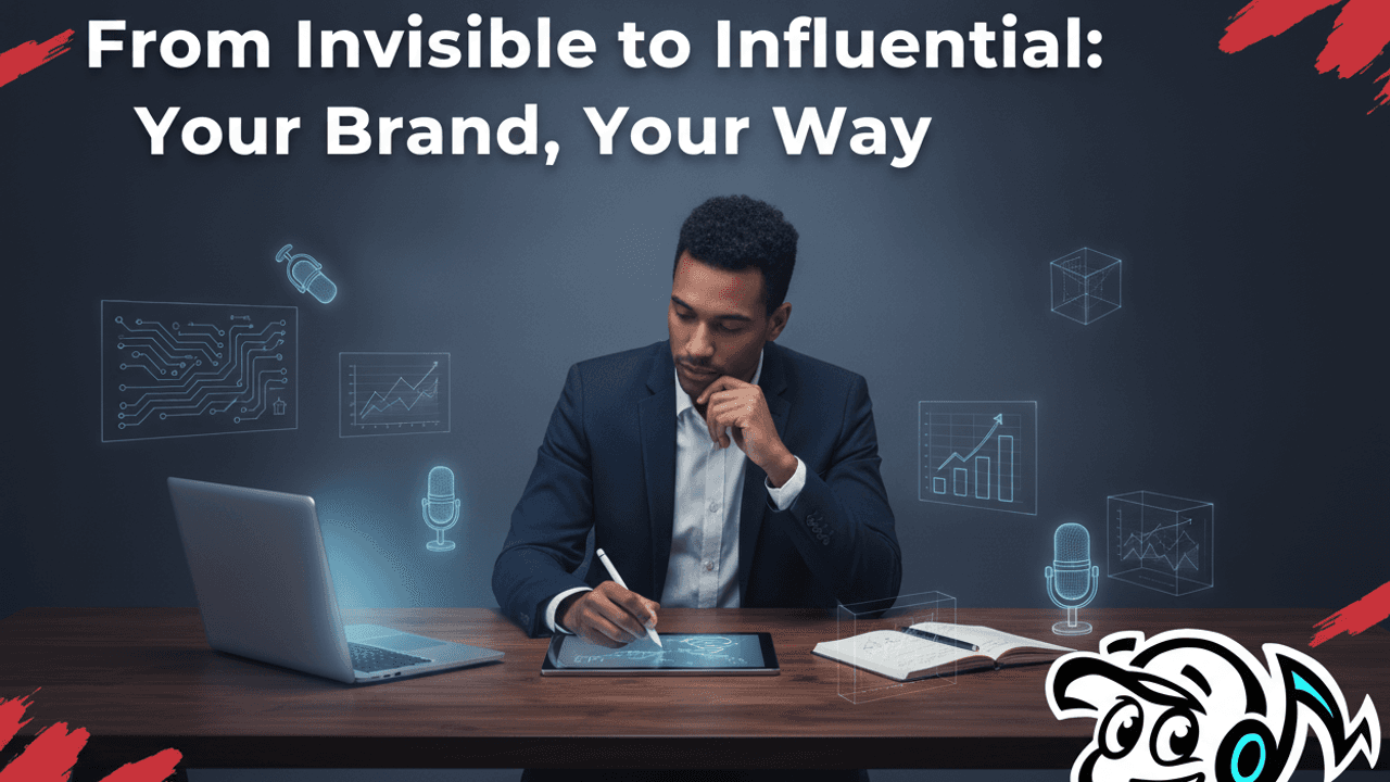 A professional, thoughtful person, possibly a founder or expert, working at a desk with ideas becoming visible on a screen, symbolizing personal branding for non-marketers.