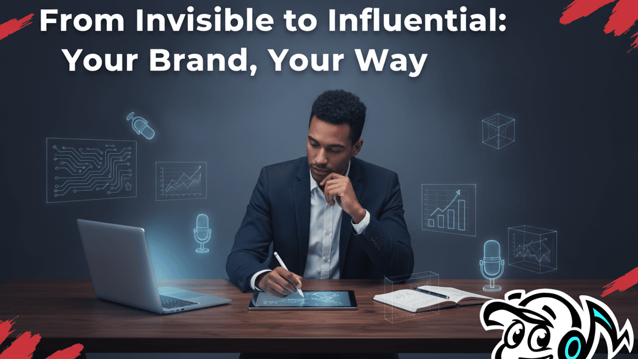 A professional, thoughtful person, possibly a founder or expert, working at a desk with ideas becoming visible on a screen, symbolizing personal branding for non-marketers.