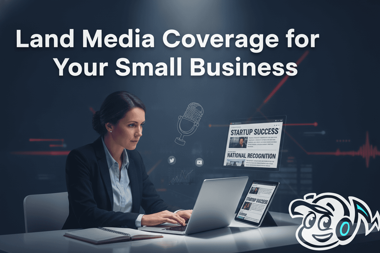 Small business founder successfully pitching journalists to gain media coverage, with a laptop and news headlines.
