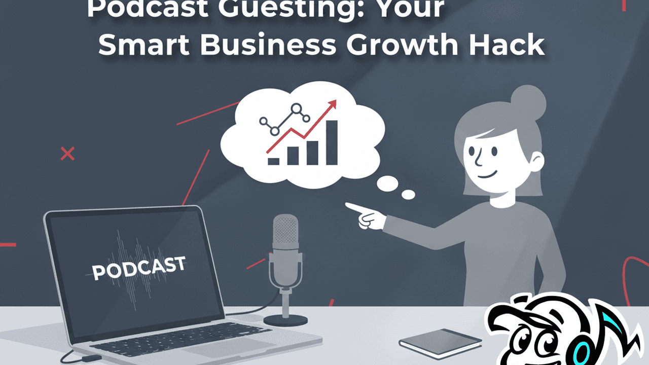 Professional using a laptop with a podcast waveform, symbolizing a strategic podcast guesting approach for business growth and PR.