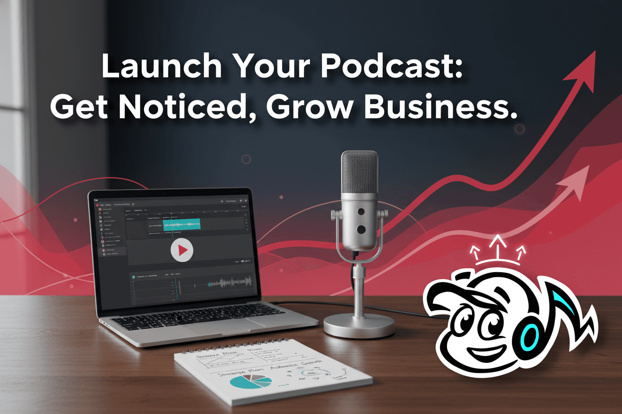 A professional desk setup with a high-quality podcast microphone, laptop displaying audio editing software, and notes on podcast launch strategy, symbolizing business growth and expert communication.