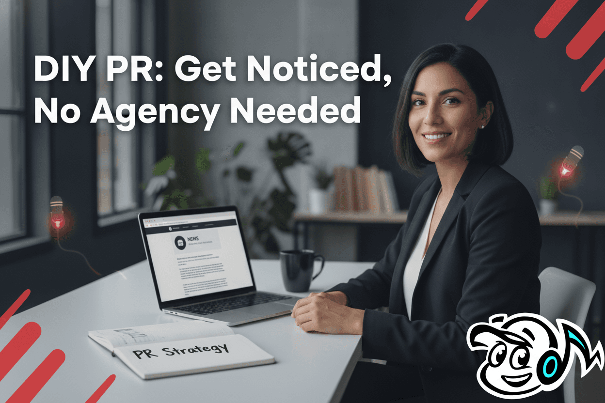A smiling founder confidently working on their DIY PR strategy at a desk, with a laptop showing media coverage and a notebook titled 'PR Strategy'.