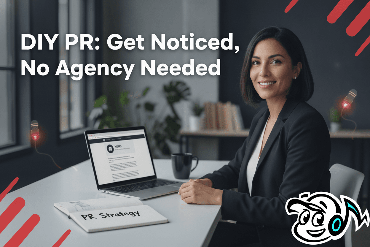 A smiling founder confidently working on their DIY PR strategy at a desk, with a laptop showing media coverage and a notebook titled 'PR Strategy'.