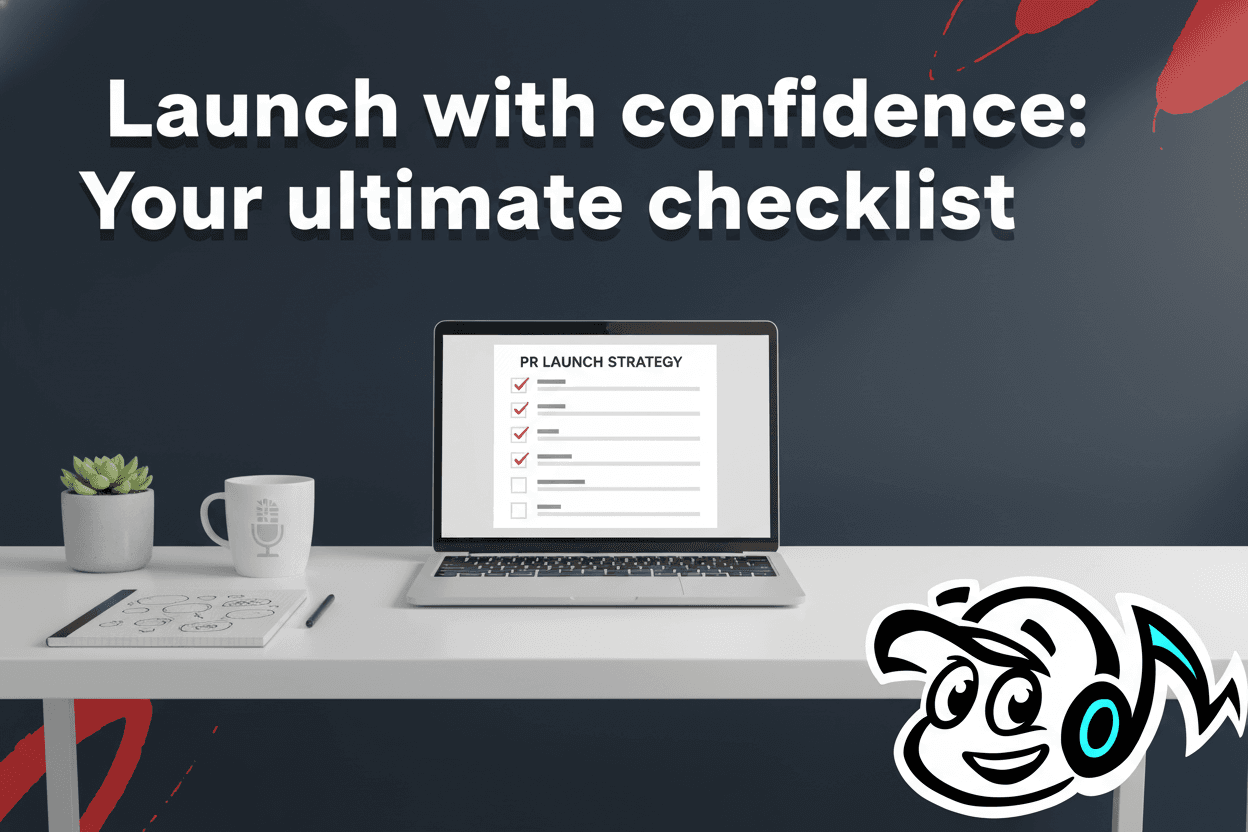 A product launch checklist on a laptop screen, surrounded by planning tools on a desk, symbolizing a strategic new product or service launch.