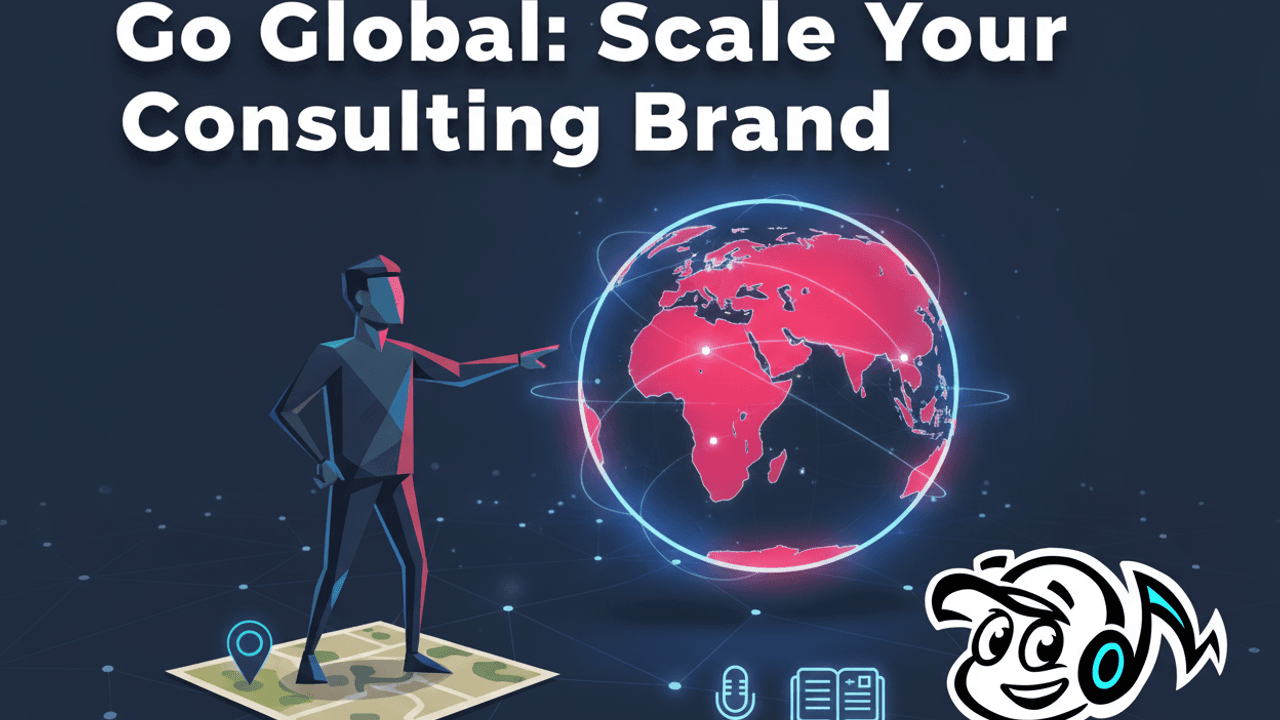 A consultant scales their personal brand from a local map to a global network, symbolizing international expansion and thought leadership.