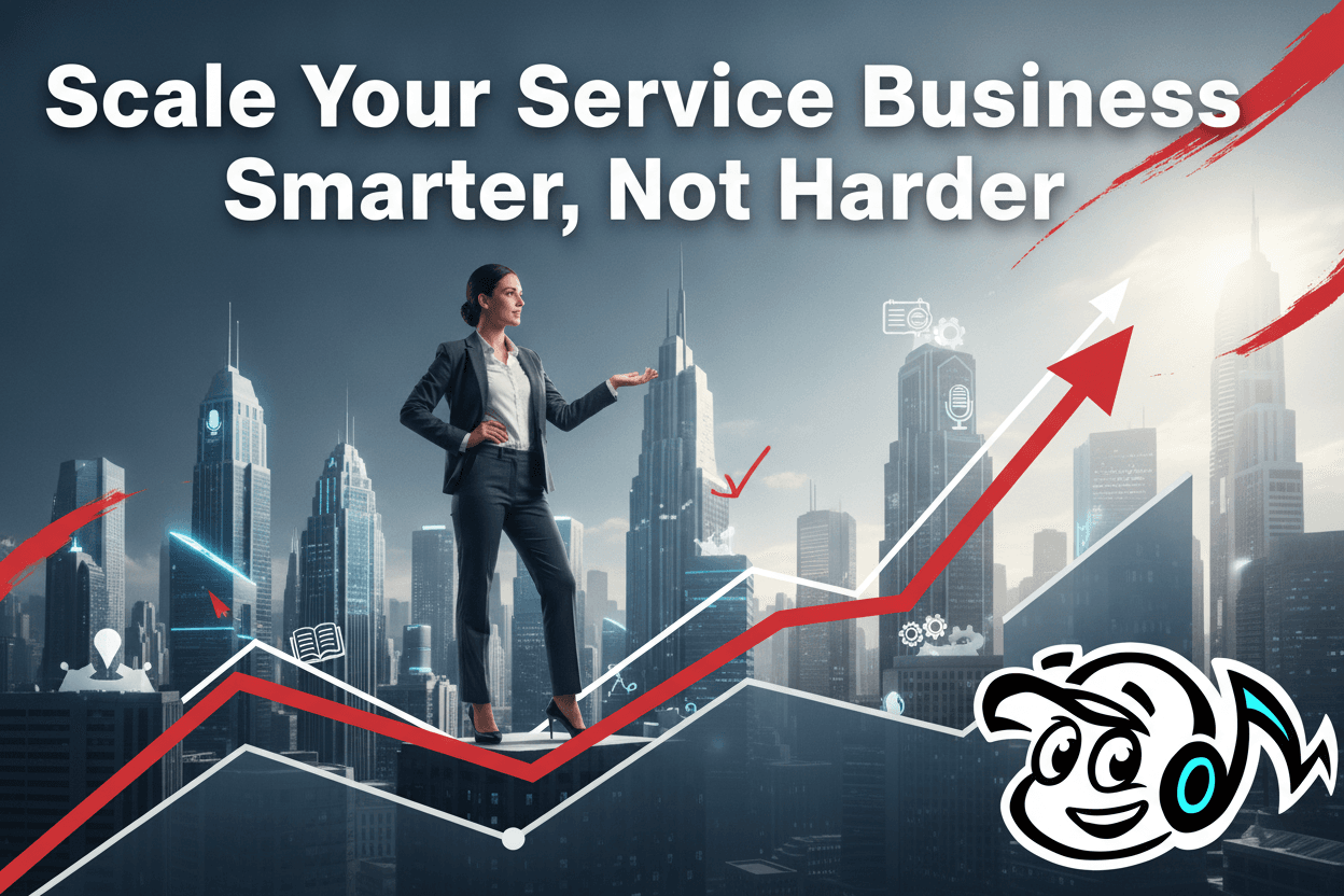 A consultant standing on a rising arrow representing business growth, overlooking a city, symbolizing scaling a service business.