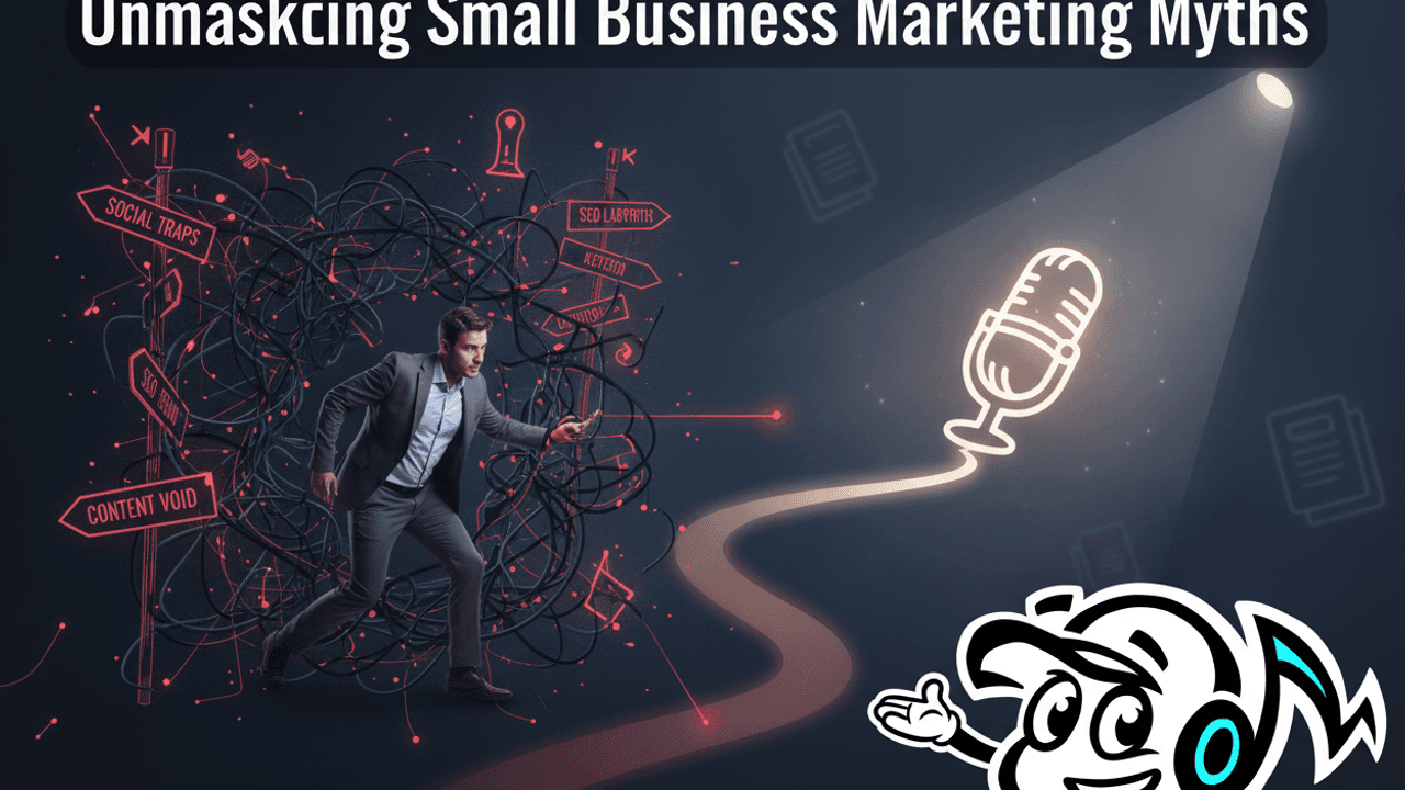 A small business founder confidently navigating a complex marketing maze, finding a clear path towards authentic interview-led visibility.
